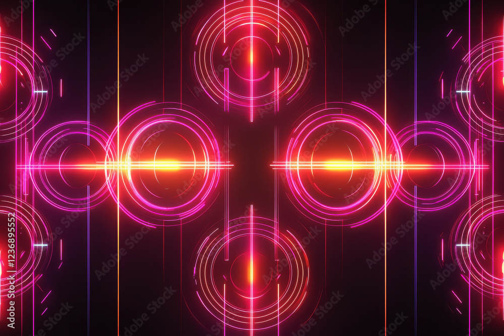 Poster futuristic glowing neon circles and lines create a modern pattern on a dark gradient background