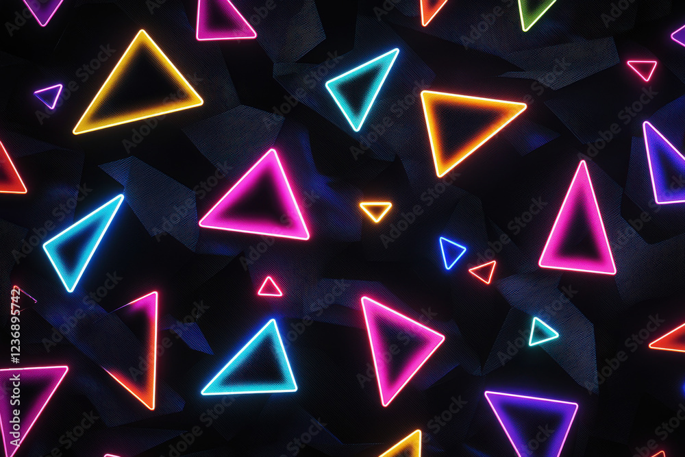 Poster futuristic neon pattern of glowing triangles and hexagons on a dark background creating a sleek mode