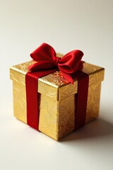 Fototapeta premium Ornate golden gift box with red velvet ribbon, box, luxurious, ribbon