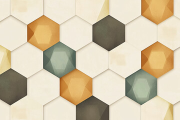 Geometric pattern of hexagons in muted earth tones on a light beige background creating a modern minimalistic aesthetic