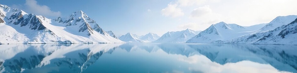 Obraz premium Snow-covered mountains reflected in Baikal lake, winter scenery, ice age scenery