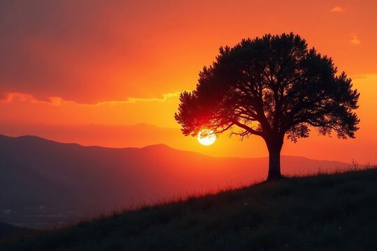 Olivo dorato con foglie amari, silhouetted against a warm orange sky at sunset, Italia, natura