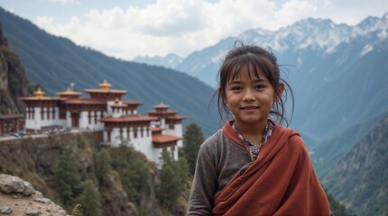 Serene Bhutanese Child in Traditional Gho with Majestic Mountain and Dzong Background