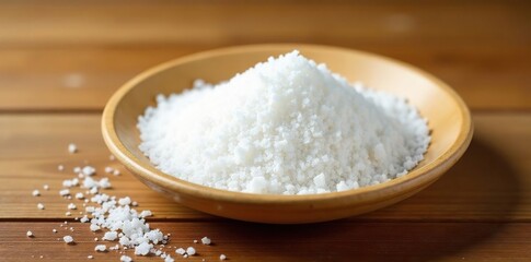 Freshly harvested salt scattered on a smooth bamboo plate, natural, salt, wood grain