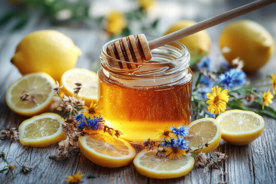Golden honey in a glass jar with a wooden dipper surrounded by fresh lemons and wildflowers on a rustic table