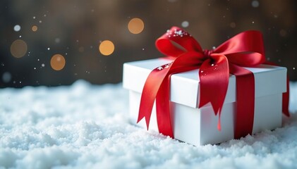 Wrapped white boxes with large red bows on a snowy table, presents, festive
