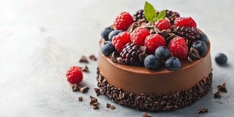Delicious chocolate cake topped with fresh berries, perfect for dessert menus, bakery promotions, or special occasions.