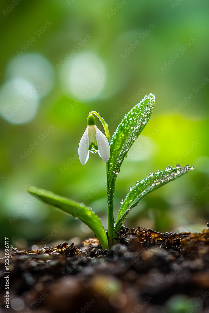 Poster a close-up of a snowdrop flower covered with water droplets, symbolizing the arrival of spring and r