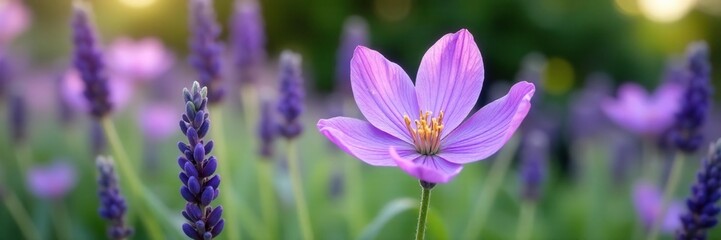 Large lavender colored flower blooming in a garden, lavender, foliage, nature