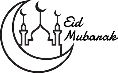 Minimalist Eid Mubarak Line Art - Crescent Moon and Mosque Illustration in Black and White