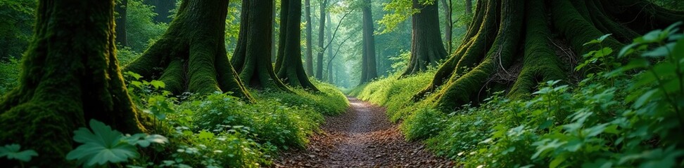 Obraz premium Overgrown coniferous forest path with dense foliage and vines, wild, rugged