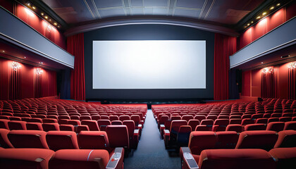 Obraz premium Big screen experience. Modern movie theater with empty red seats
