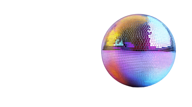 Disco Ball Reflection Colorful Sphere, Shiny Dance Light for Nightclub Parties, isolated on transparent background.