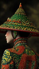 Asian woman, ornate hat, dragon detail, dark background, fashion design.