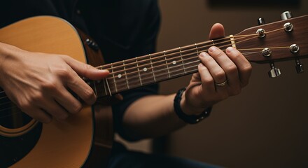Obraz premium Acoustic Guitar Player Hands Close Up Shot