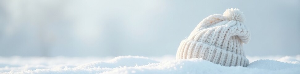 Snowy winter landscape with white wool cap isolated on a plain background, winter, snow, cold