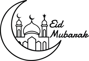 Minimalist Eid Mubarak Line Art - Crescent Moon and Mosque Illustration in Black and White
