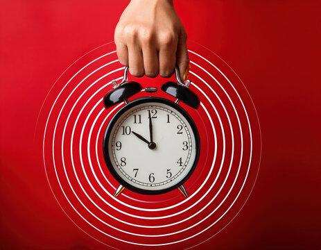 Wake-up call. Hand holding a classic alarm clock on red background