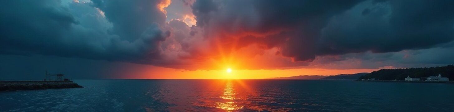 Sun rising behind a clearing of stormy clouds over a quiet harbour, serenity, sea, storm