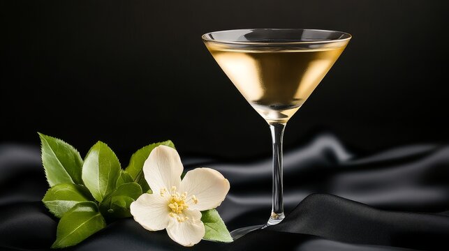 Elegant cocktail glass with a floral garnish on a dark, silky background, perfect for beverage promotions