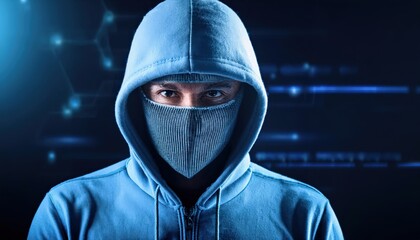 Cyber threat. Hooded hacker with intense gaze against futuristic digital background