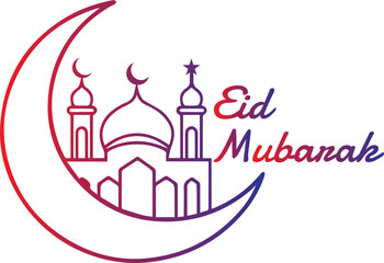 Minimalist Eid Mubarak Gradient Line Art - Crescent Moon and Mosque Illustration.
