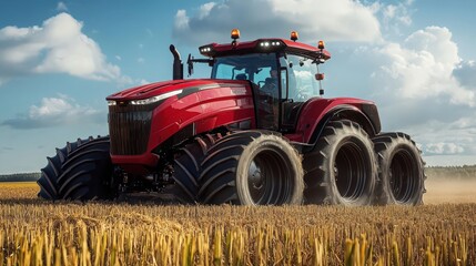 Obraz premium Powerful red tractor working on the field during the day with blue cloudy sky