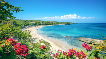 Spring beach getaway featuring golden sands and vibrant exotic flowers by the clear sea