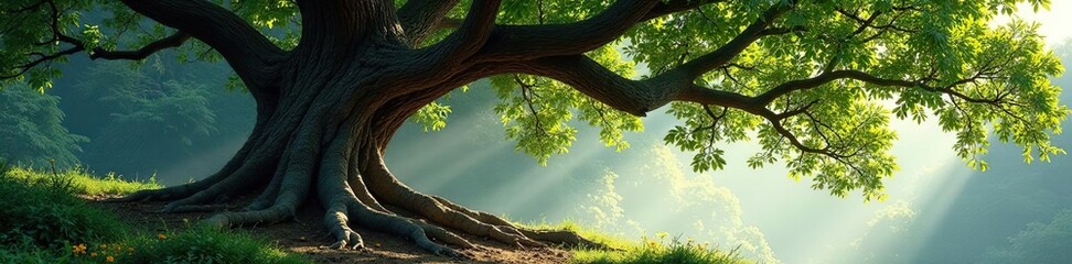 Fototapeta premium Majestic tree with sprawling roots and gnarled branches, nature, branches, foliage