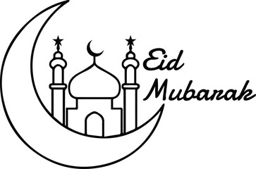 Minimalist Eid Mubarak Line Art - Crescent Moon and Mosque Illustration in Black and White