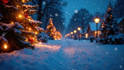Naklejka premium Snowy night scene with twinkling Christmas lights in a serene background, bokeh, winter, snow