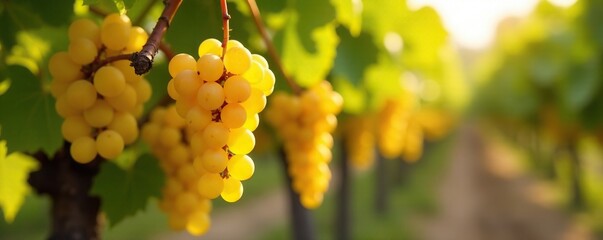 Fototapeta premium Vine with golden Riesling grapes suspended above the ground, gold, grapes
