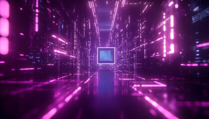 Neon Lit Digital Corridor Leading To A Data Screen