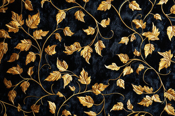 Luxurious golden vines and leaves pattern on black velvet background evokes elegance and timeless beauty