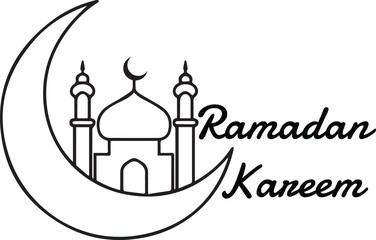 Minimalist Ramadan Kareem Line Art - Crescent Moon and Mosque Illustration in Black and White