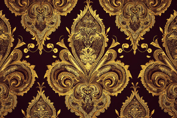 Luxurious paisley pattern in gold and burgundy tones for elegant decor and textiles