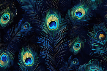 Luxurious peacock feather pattern in vibrant blues and greens on deep navy background for elegant decor