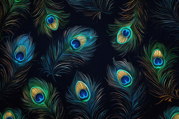 Obraz premium Luxurious peacock feather pattern in vibrant blues and greens against a dark navy background for elegant decor
