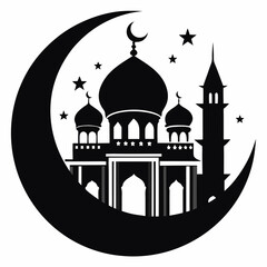 Silhouette of a Mosque and Crescent Moon, Ideal for Islamic Celebrations
