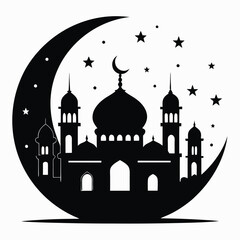 Silhouette of a Mosque and Crescent Moon, Ideal for Islamic Celebrations