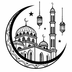 Silhouette of a Mosque and Crescent Moon, Ideal for Islamic Celebrations