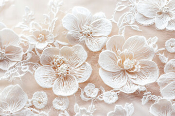 Detailed lacework showcasing intricate floral patterns on a bridal gown under soft lighting