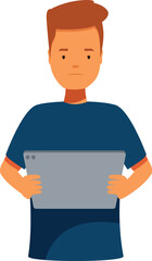 Sad young man holding digital tablet, frustrated student using wireless device