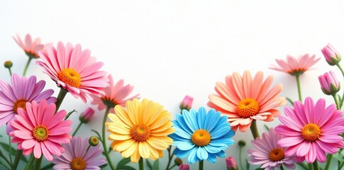 Pastel rainbow of flowers on a white background, daisies, garden, colorful