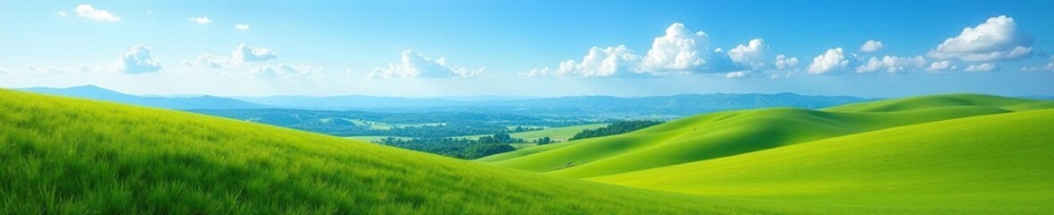 Obraz premium Rolling hills meet the horizon as a serene valley unfolds beneath a brilliant blue sky, natural, peaceful