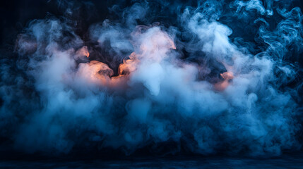 Blue and orange smoke swirls, dark background, studio shot, atmospheric backdrop