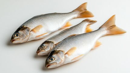 Fresh fish arranged on a white surface ready for preparation and cooking in a kitchen setting, showcasing their glistening scales and vibrant eyes