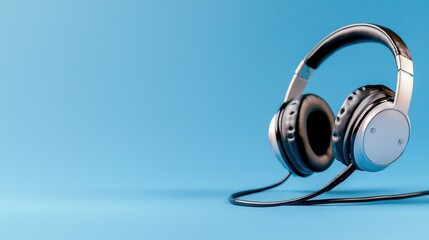 Headphones on blue background, music listening
