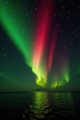radiant green and red aurora borealis sweeping across a canvas of glittering stardust trails, green, stardust, luminous