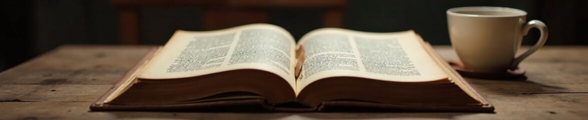 Obraz premium Ancient leather bound book lying open on a wooden table with a cup of coffee beside it, table, comfort, wood